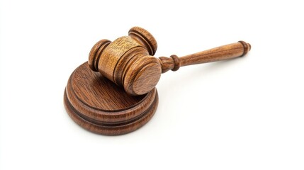 A polished wooden gavel resting on a sound block, isolated on a simple white background, representing legal decisions. No people.