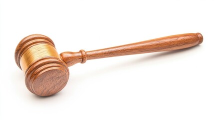 A polished wooden gavel resting on a sound block, isolated on a simple white background, representing legal decisions. No people.