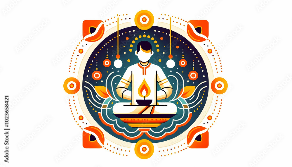Poster flat isolated diya lamp with colorful rangoli pattern - minimal abstract vector illustration highlig