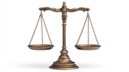 A set of scales tilted slightly, symbolizing the balancing act of justice, captured on a clean white background. No people.