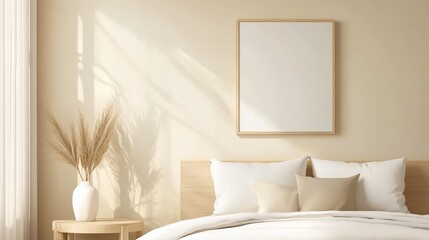 Two-tone pillows with minimalist designs on a bed, paired with modern art, and sleek furniture, 3D illustration