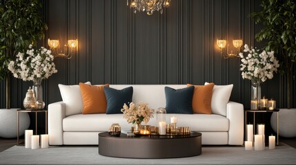 Decorative pillows with metallic accents in a glamorous setting, surrounded by luxury furniture, and chandeliers, 3D illustration