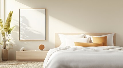 Two-tone pillows with minimalist designs on a bed, paired with modern art, and sleek furniture, 3D illustration