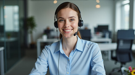 A friendly customer service representative wearing a headset, sitting at a modern office desk 