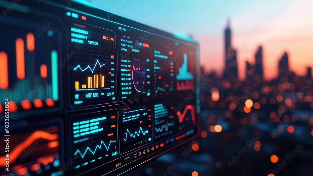 Poster futuristic data analysis dashboard with graphs and city skyline at sunset.