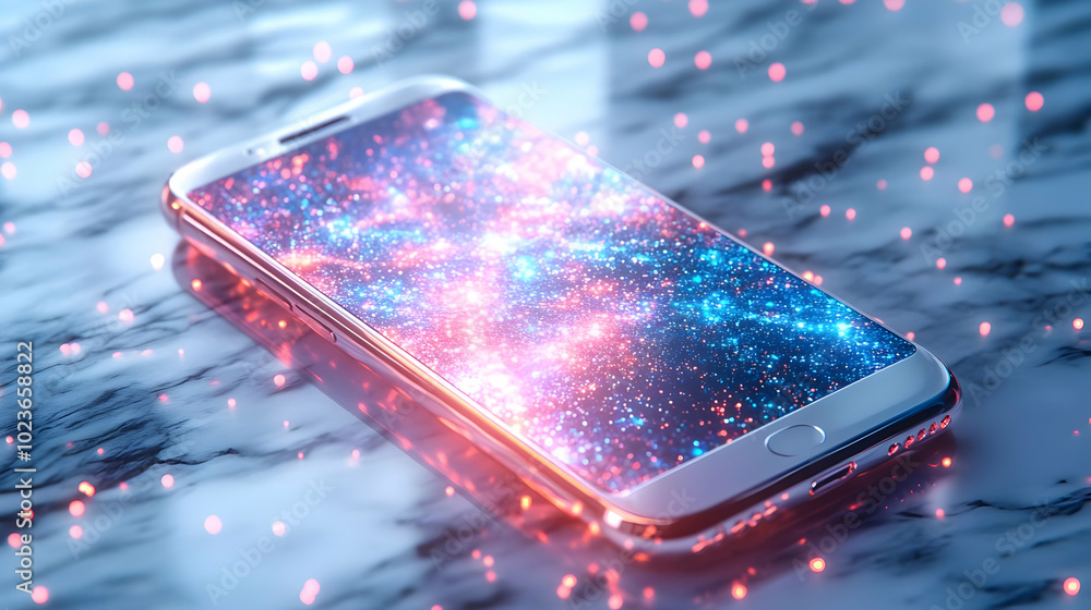 Poster 3d smartphone emitting holographic data streams on marble surface - trend and innovation concept wit