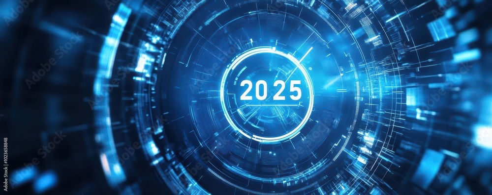 Poster futuristic digital interface design displaying the year 2025.