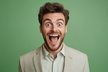 businessman displaying determination, joy, and surprise, pale green background, high-resolution headshot