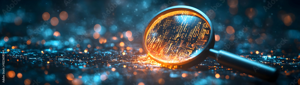 Poster floating magnifying glass with glowing data overlay: symbolizing mastery in discovery and innovation