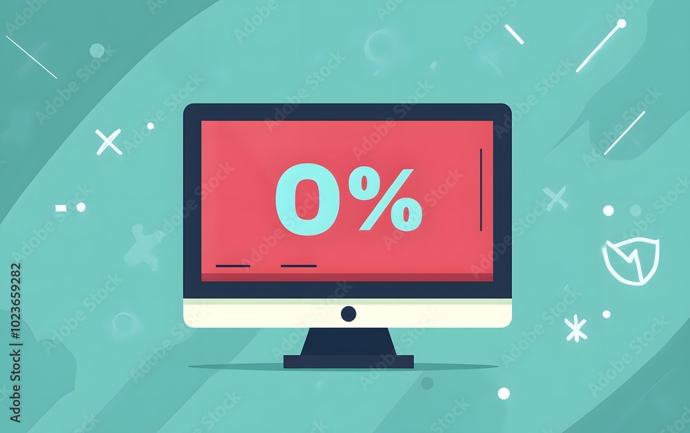 Poster a modern computer screen displaying a bold '0%' on a colorful background, symbolizing progress, achi