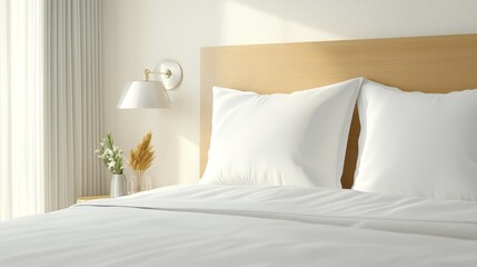 Luxury hotel pillows on a plush bed with white linens, accompanied by luxury decor, glass lamps, and elegant bedding, 3D illustration