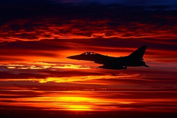 Dark outline of a jet airplane against a vibrant sunset.