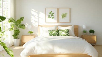 Pillows with botanical prints, arranged on a bed with earthy tones, surrounded by natural wood furniture, and sunlit atmosphere, 3D illustration
