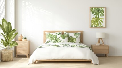 Pillows with botanical prints, arranged on a bed with earthy tones, surrounded by natural wood furniture, and sunlit atmosphere, 3D illustration