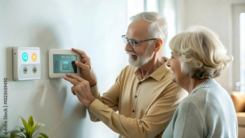 Poster elderly couple effortlessly managing smart home system in glossy background with copy space: emphasi