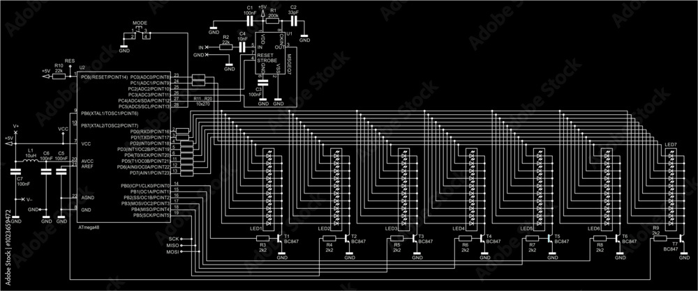 Poster schematic diagram of electronic device on sheet of paper. vector drawing electrical circuit with led