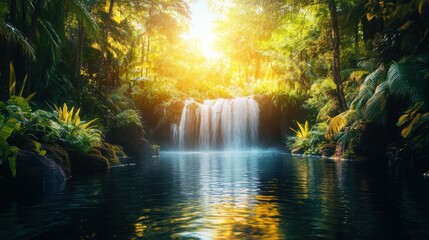 Sunlit Waterfall Cascading into a Tranquil Pool Surrounded by Lush Tropical Foliage