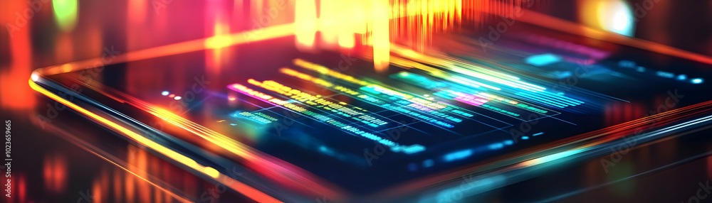 Poster glossy tablet concept: medium shot displaying holographic currency converter with floating exchange 