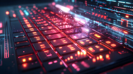 Futuristic 3D Glowing Keyboard with Floating Holographic Automation Arrows and Steps for Modern Workflow Automation - Ideal for Tech Ads on Isolated White Background