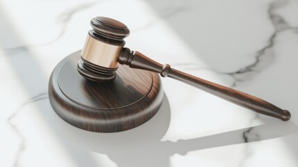 Close-up of a gavel resting gently on a sound block, set on a minimal white background, symbolizing authority. No people.