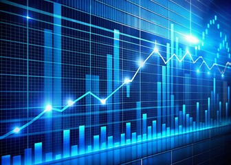 Fototapeta premium A sleek, modern interface displays a dynamic stock market graph chart with flashing numbers and trending lines, illuminated by a bright blue background light.
