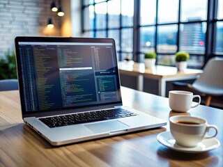 Fototapeta premium A sleek, modern laptop displays lines of coding script on its screen, surrounded by empty coffee cups and scattered notes, in a busy developer's workspace.