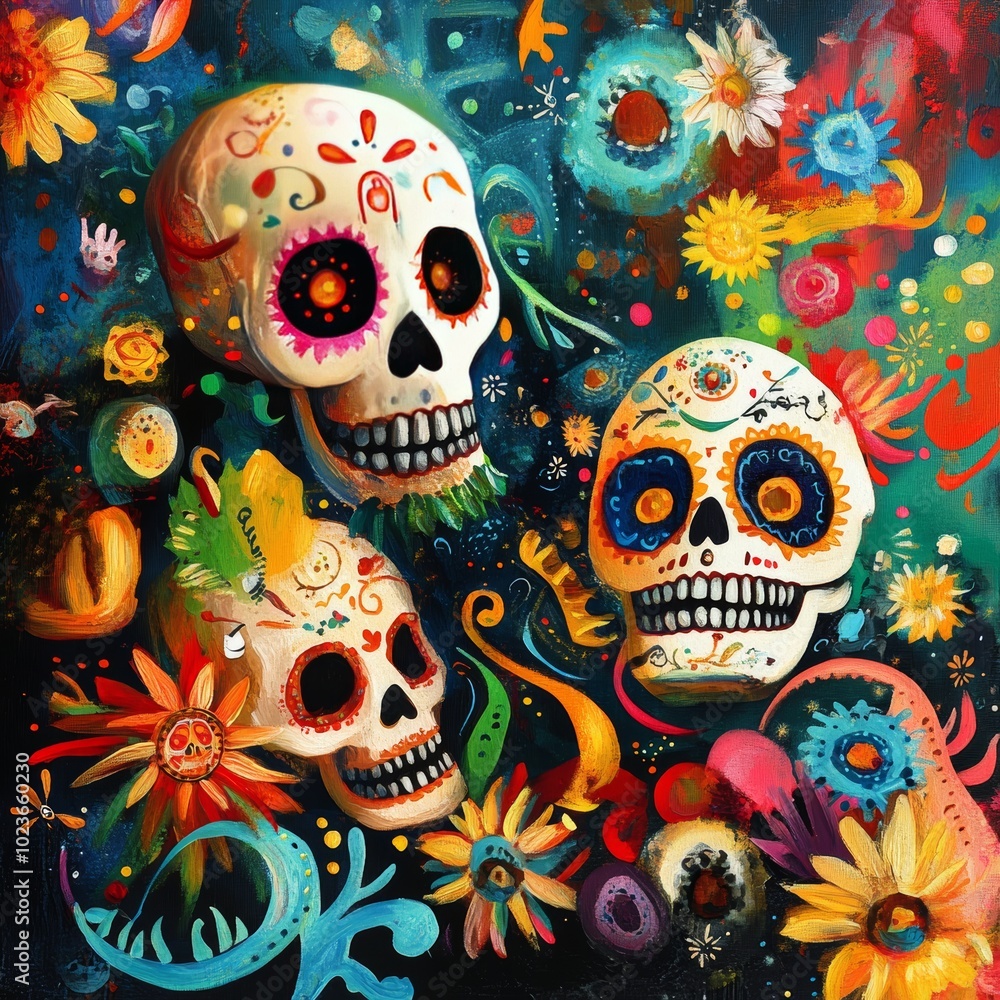 Poster day of the dead elements on a colorful abstract backdrop.