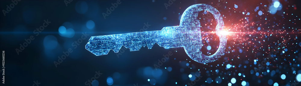 Poster flying key with holographic digital interface: mastery in security trends & innovation on clean whit