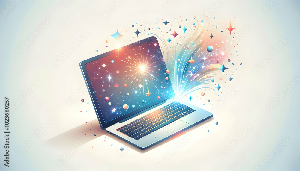 Poster flat laptop with floating holographic sparklers on white background - brightly lit simple vector ill