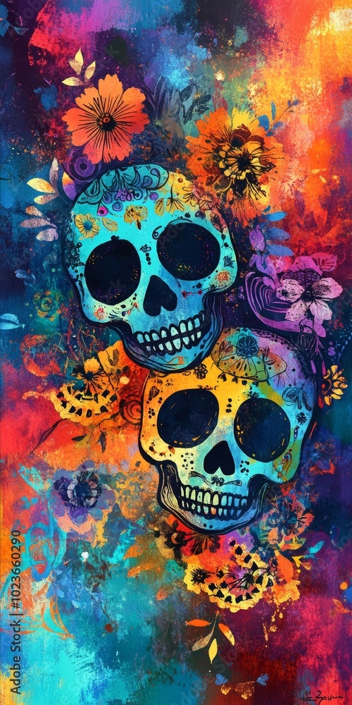 Poster day of the dead motifs on a colorful abstract backdrop.