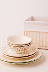 Closeup of porcelain plates and bowls