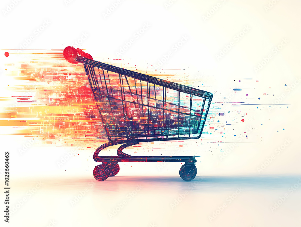 Poster dynamic e-commerce scene: flat blurred shopping cart with data stream trails - simple vector illustr