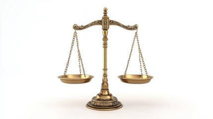 Elegant brass scales of justice in perfect equilibrium, isolated on a white background, representing fairness. No people.