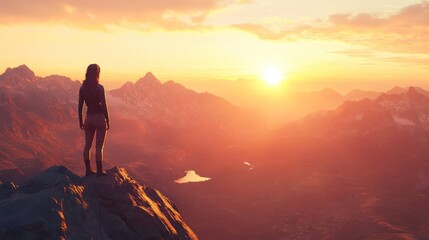 Fototapeta premium A person standing on a mountain peak, gazing at a vibrant sunset over the landscape.