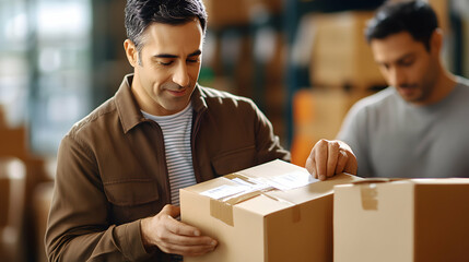 Two men are working in a warehouse, one is inspecting a box while the other is working in the background.