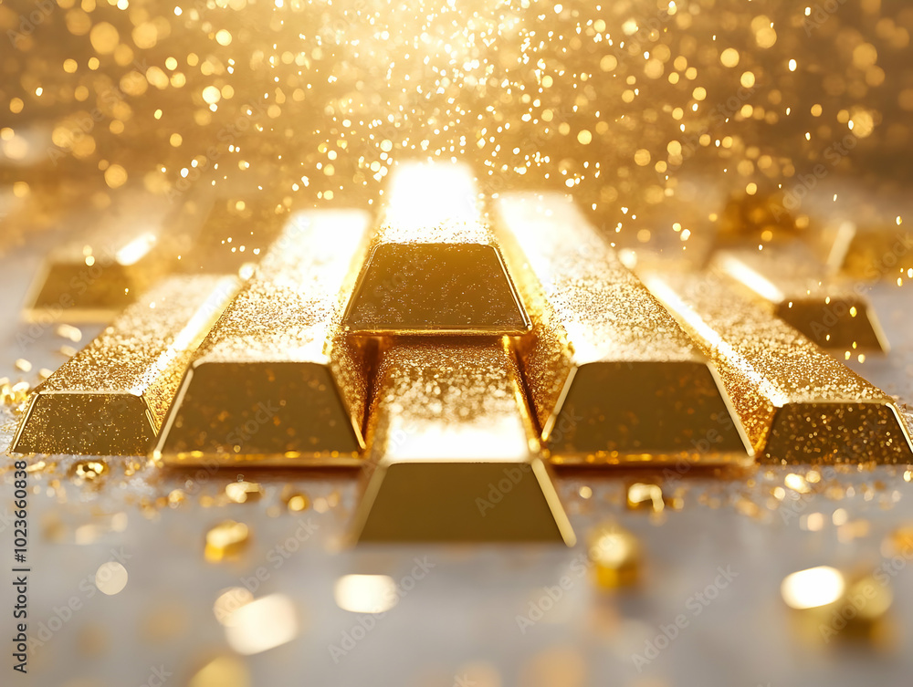 Aufkleber flat soft focus gold bars with rising light particles - medium shot illustrating growth and value in