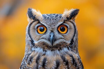 Obraz premium surprised owl portrait isolated on a vibrant yellow background capturing the essence of curiosity and wonder with its expressive eyes and fluffy feathers creating an endearing image