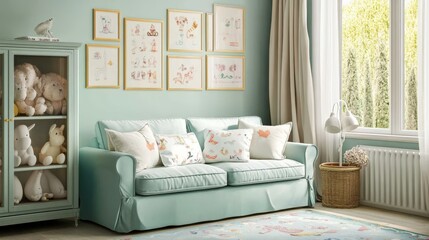 Aquamarine sofa flanked by cabinet and rug.