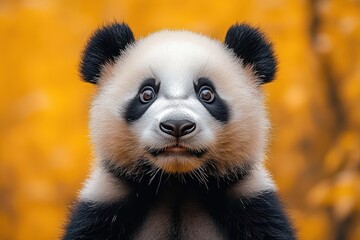 Obraz premium surprised panda standing against a vivid yellow background its wide eyes and playful stance capture a moment of wonder and delight evoking a sense of joy