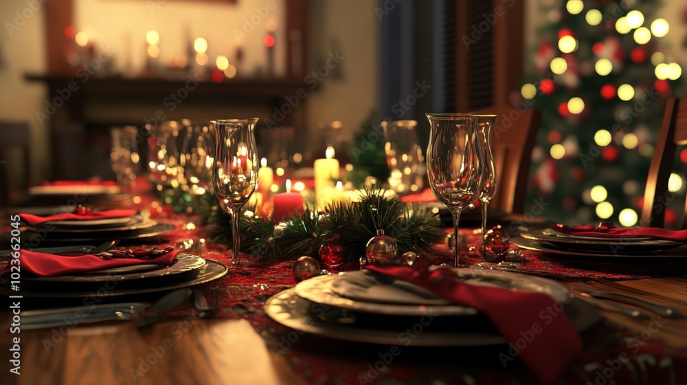 Poster a table with a christmas tree in the background and a red tablecloth. the table is set with a variet