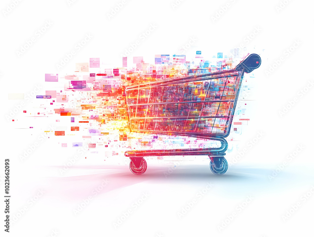 Poster flat blurred shopping cart with data stream trail - dynamic e-commerce scene illustration in simple 