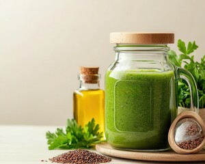 Freshly made green smoothie with flaxseeds and omega oil, healthy breakfast setup, Omega-rich smoothie, nutritious drink