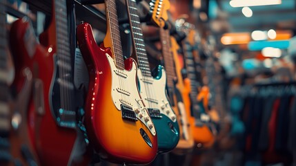 Colorful electric guitars hanging in a music store, showcasing a variety of styles perfect for musicians and music lovers alike.