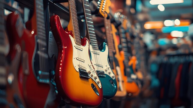 Colorful electric guitars hanging in a music store, showcasing a variety of styles perfect for musicians and music lovers alike.
