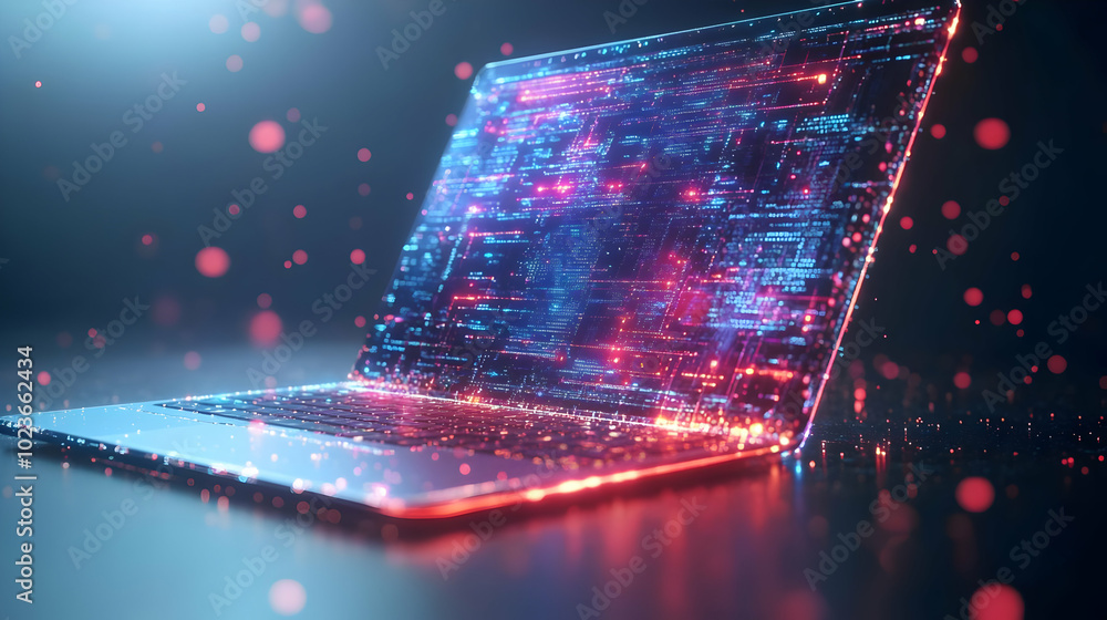 Poster 3d laptop with floating holographic ai coding interface concept - glowing ai-driven coding symbolizi
