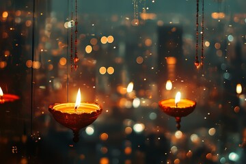 Beautiful oil lamps glowing brightly against a blurred cityscape, creating a warm and festive atmosphere with bokeh lights.
