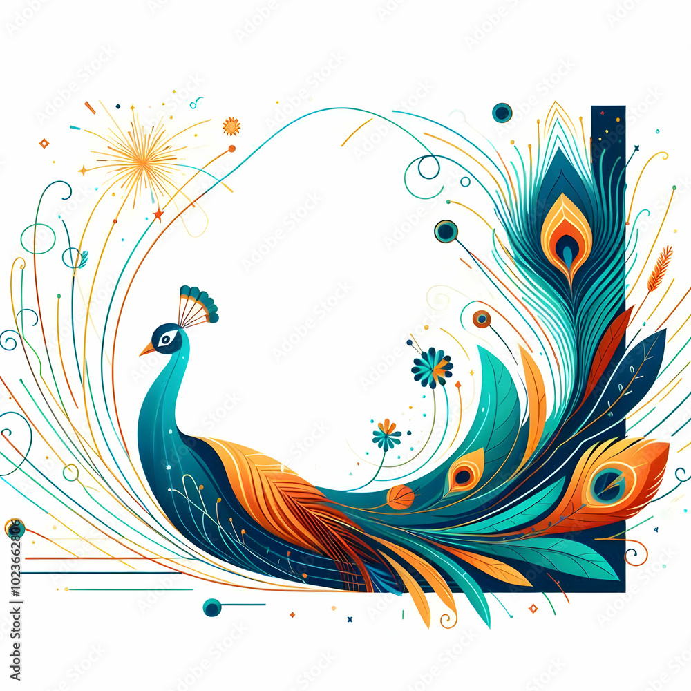 Poster festive flat peacock feather and sparkler lines border - vibrant colorful frame for celebratory anno