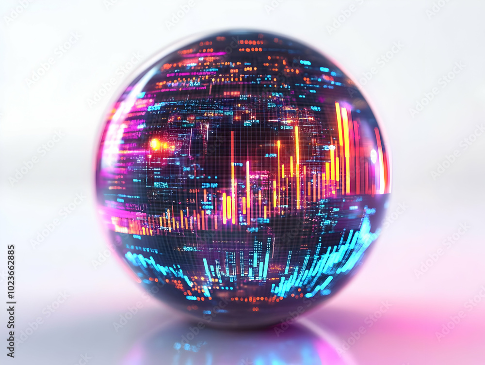 Poster flat holographic sphere visualization of global stock market data in high-tech minimalist environmen