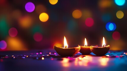 Traditional oil lamps glowing with colorful bokeh lights in the background, creating a vibrant festive atmosphere.