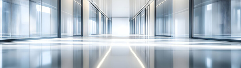 Minimalist Fashion Runway with Mirrored Backdrop: Sleek Slow Tracking Shot Featuring Glossy White Flooring and Reflective Surfaces for Designer Logos and Collection Themes - Photo Stock Concept